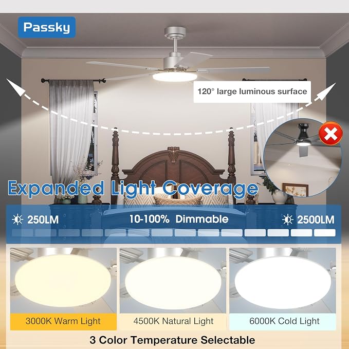 Passky Ceiling Fans with Lights, 52 inch Sleek Ceiling Fan with Light and Remote Control, 3CCT, Dimmable, Reversible, Noiseless, Silver Ceiling Fan for Bedroom, Living Room