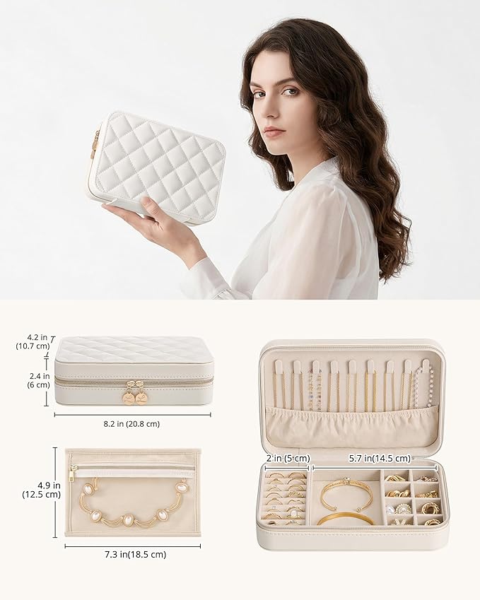 Lolalet Travel Jewelry Case for Women Girls, PU Leather Jewelry Organizer with Clear Storage Bag Small Portable Jewelry Box for Necklace Bracelet Earring Ring Birthday Bridesmaid Gifts -Large/Beige