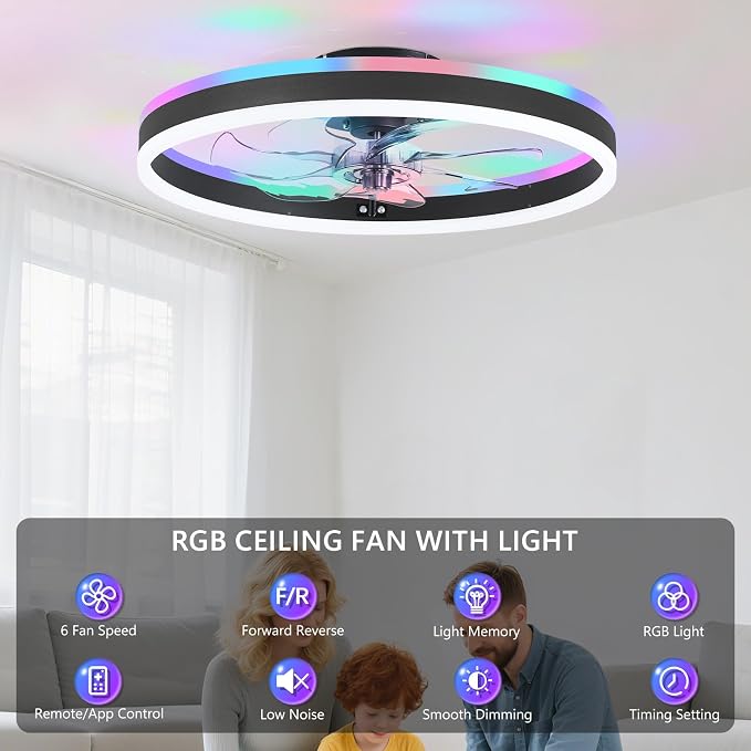STERREN RGB Ceiling Fan with Light, 20'' Low Profile Ceiling Fans, Black Flush Mount LED Fan Light with Remote Control, Modern Bladeless Fandelier for Bedroom, Living Room, Kitchen
