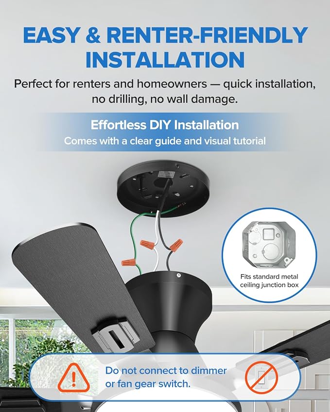 UME 42" Ceiling Fan with Lights & Remote, 6 Blades Low Profile Ceiling Fan, Quiet DC Motor, Natural Wind, 6 Speeds, 3CCT Dimmable 20W LED Modern Ceiling Fan for Bedroom, Living Room, Black