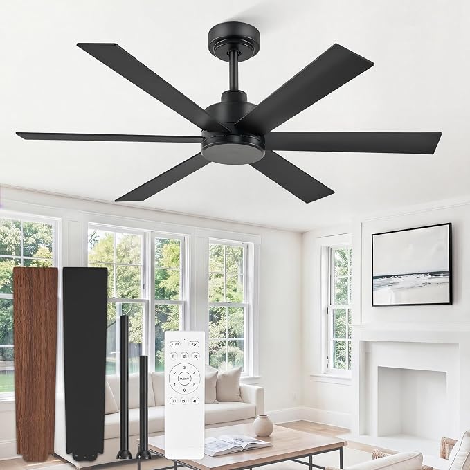 ZMISHIBO 48 Inch Ceiling Fan No Light, Black Ceiling Fan Without Light, 6 Blades, Quiet Reversible DC Motor, 6-Speeds, Modern Ceiling Fan for Living Room, Bedroom, Patio, Indoor/Outdoor Use