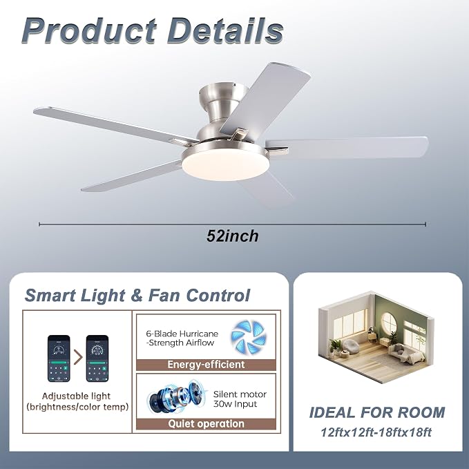 Ceiling Fans with Lights, 52 inch Flush Mount Ceiling fan with Remote Control, Low Profile Ceiling Fan for Bedroom, Farmhouse, Reversible, 3CCT, Dimmable, Noiseless DC Motor, Nickel