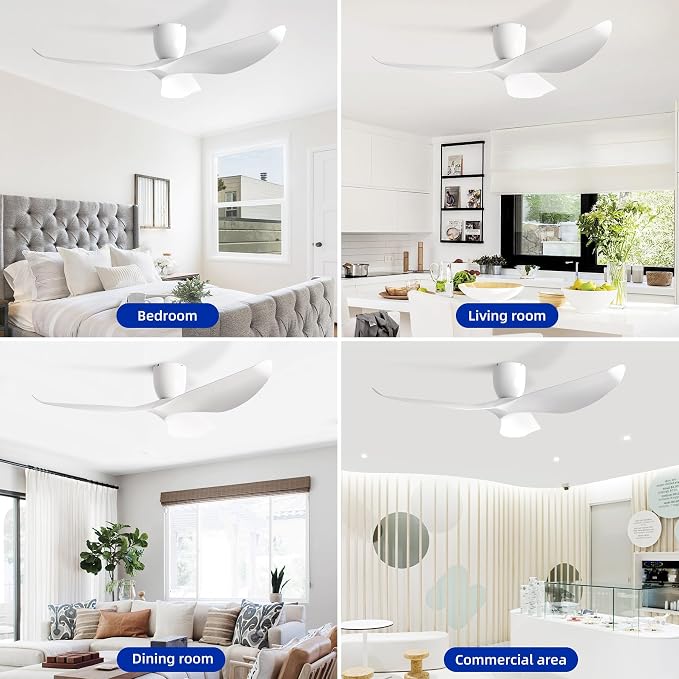 60" White Flush Mount Ceiling Fan with Remote, No Light | Modern Low-Profile, Heat Resistant ABS Blades, 6-Speed Reversible Quiet DC Motor for Balcony, Living Room, Bedroom