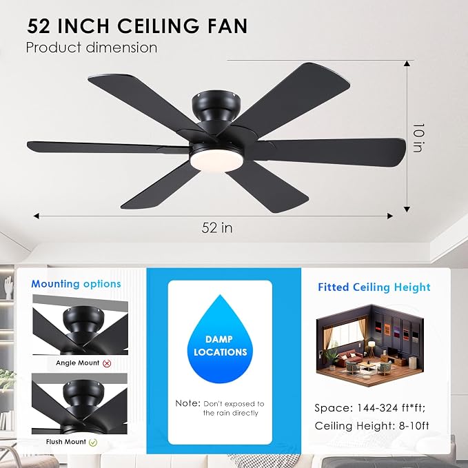 BayDay 52 inch Ceiling Fans with Lights, Black Ceiling Fan with Remote APP, Dual-Sided Modern/Rustic 6 Blades, Reversible, 3CCT, Flush Mount Low Profile Ceiling Fan with Lights Bedroom Kitchen Indoor