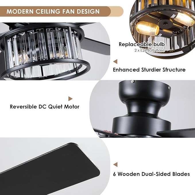 Hounberi 48" Flush Mount Ceiling Fan with Light and Remote, Black Industrial Caged Ceiling Fan with Dual-Finish 6 Blades, Reversible DC Motor, Farmhouse Crystal Ceiling Fan for Bedroom, Living Room