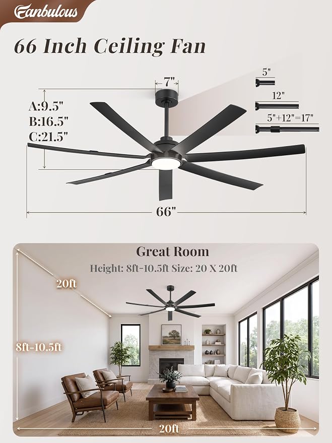 Fanbulous 66" Ceiling Fans with Lights and Remote, APP Control, 6 Speeds, Dimmable, 3CCT, Black Modern Ceiling Fan with Quiet Reversible DC Motor, Indoor/Outdoor Ceiling Fan for Living Room Patios