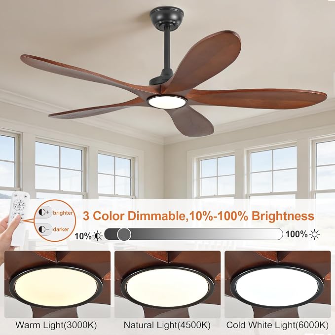 52 Inch Wood Ceiling Fans with Lights and Remote Control, Outdoor Modern Black Ceiling Fan with Light for Patio Office, 5 Blades, Dimmable LED Light, Reversible DC Motor, Memory Function