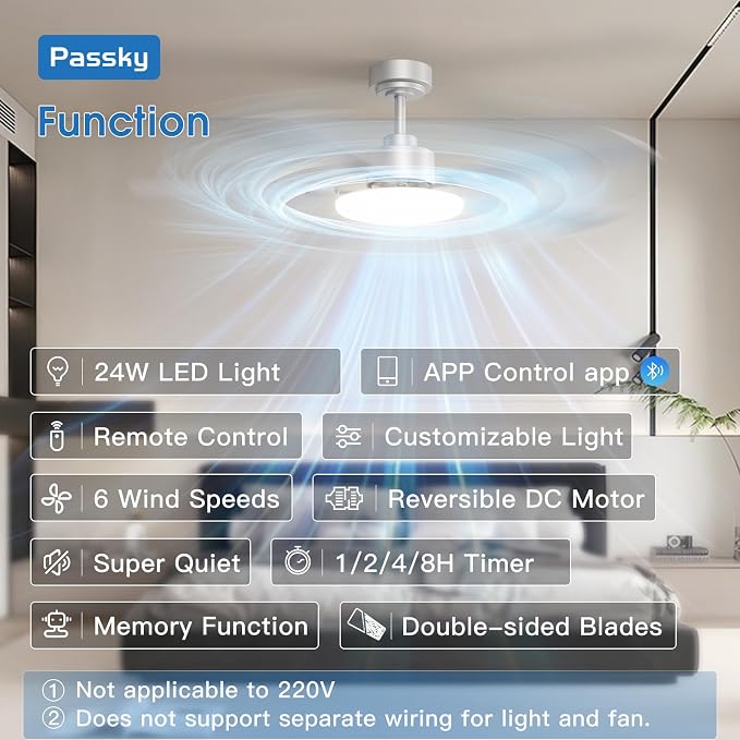 Passky Ceiling Fans with Lights, 52 inch Sleek Ceiling Fan with Light and Remote Control, 3CCT, Dimmable, Reversible, Noiseless, Silver Ceiling Fan for Bedroom, Living Room