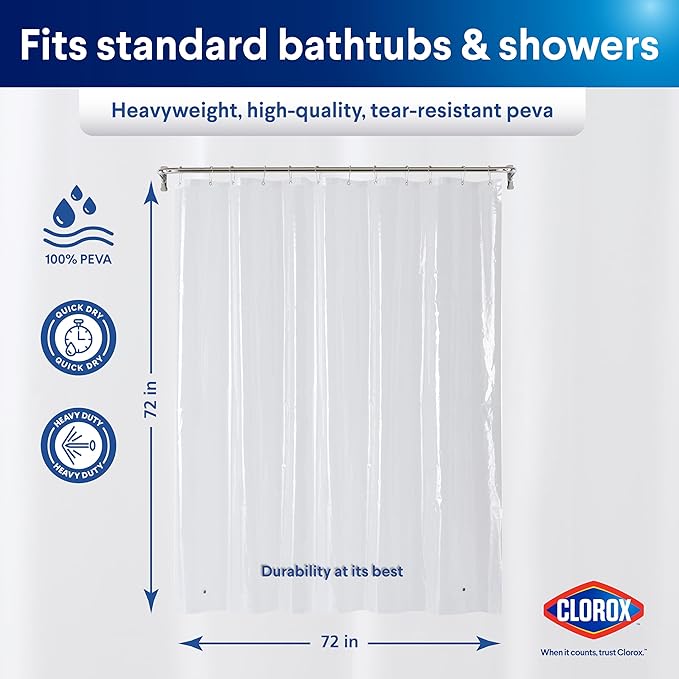 Clorox Shower Curtain Liner, Premium Heavyweight Durable Waterproof 8g PEVA for Bathroom with Weighted Magnets, Standard Size 72" x 72", Clear 1 Pack