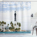 Ambesonne United States Shower Curtain, Hillsboro Lighthouse Pompano Beach Florida Atlantic Ocean Palms Coast, Cloth Fabric Bathroom Decor Set with Hooks, 69" W x 70" L, Blue White Green