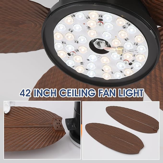 Surtime Palm Leaf Ceiling Fans with Lights-42 Tropical Ceiling Fan with Light and Remote/APP Control,Flush Mount Low Profile Ceiling Fans for Bedroom,Indoor/Outdoor Patio Use(Brown)