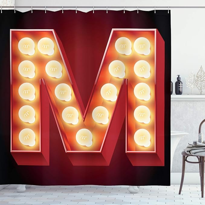 Ambesonne Letter M Shower Curtain, Vintage Alphabet Group of Old Movie Theaters Casinos Retro Type, Cloth Fabric Bathroom Decor Set with Hooks, 69" W x 84" L, Vermilion Yellow Black