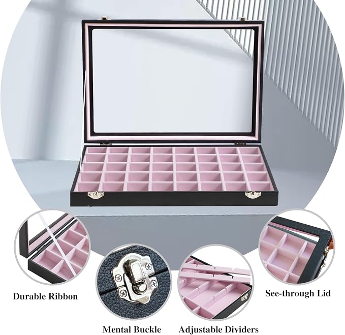 Stratalife 40 Grid Earring Organizer, Jewelry Holder Organizer with Lid | PU Leather Storage Box for Earring, Ring, Studs and Trinkets, Soft Velvet Drawer Organizer for Women, Dustproof, Pink Black