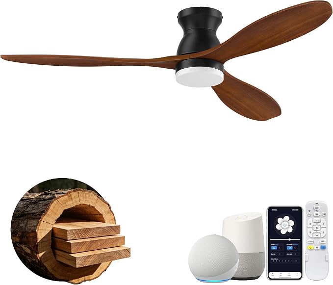 52" Wood Ceiling Fans with Lights Remote,Smart Control via Alexa APP,Quiet DC Motor,Flush Mount Ceiling Fan for Low Profile Living Room,Patio,Indoor Outdoor,Black&Walnut Brown,3 Blade,6 Speed,Dim LED