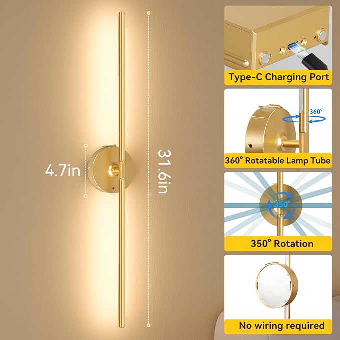Ouyulong Battery Operated Wall Sconces Set of 2, 8000mAh Wireless Rechargeable 3000-6000K Dimmable 350° Rotate Wall Light with Remote for Living Room, Bedroom 31.6in Gold