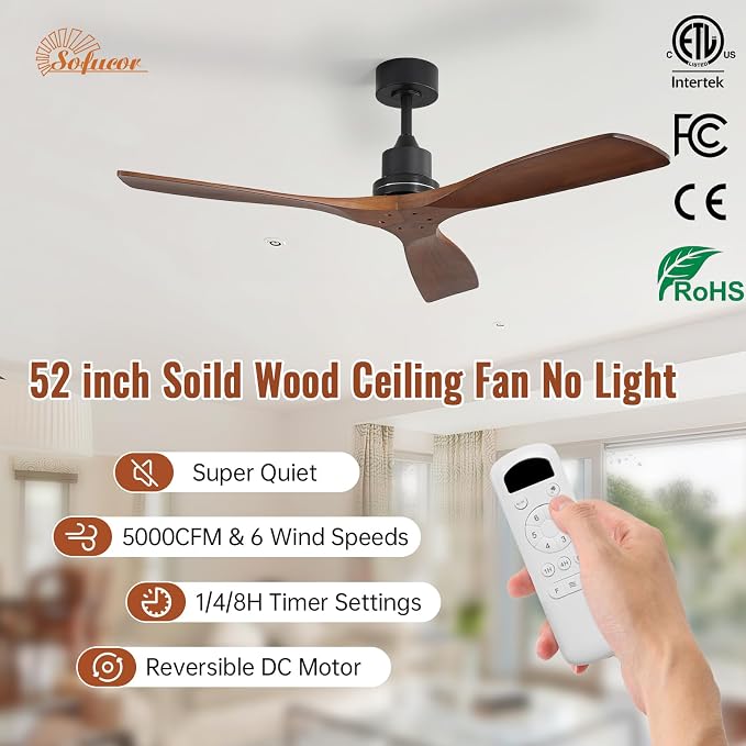 Sofucor 52 Inch Ceiling Fan No Light - Modern Solid Wood Ceiling Fan with Remote, 5000CFM High Airflow, Quiet DC Motor, 3 Rods & 6 Speeds, Timer & Reversible for Bedroom Living Room, ETL, Walnut