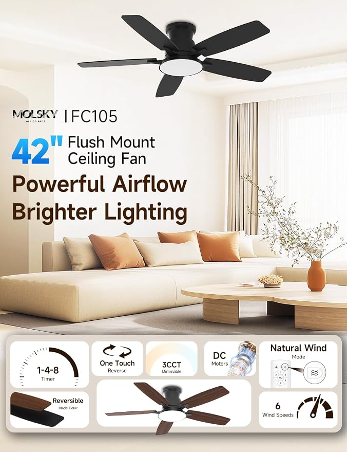 Flush Mount Ceiling Fan with Light, 42 Inch, Remote Control, 3CCT Dimmable LED, 6-Speed Silent Reversible DC Motor, Low Profile Hugger Ceiling Fan for Indoor/Outdoor 90-264V 50/60Hz Matte Black