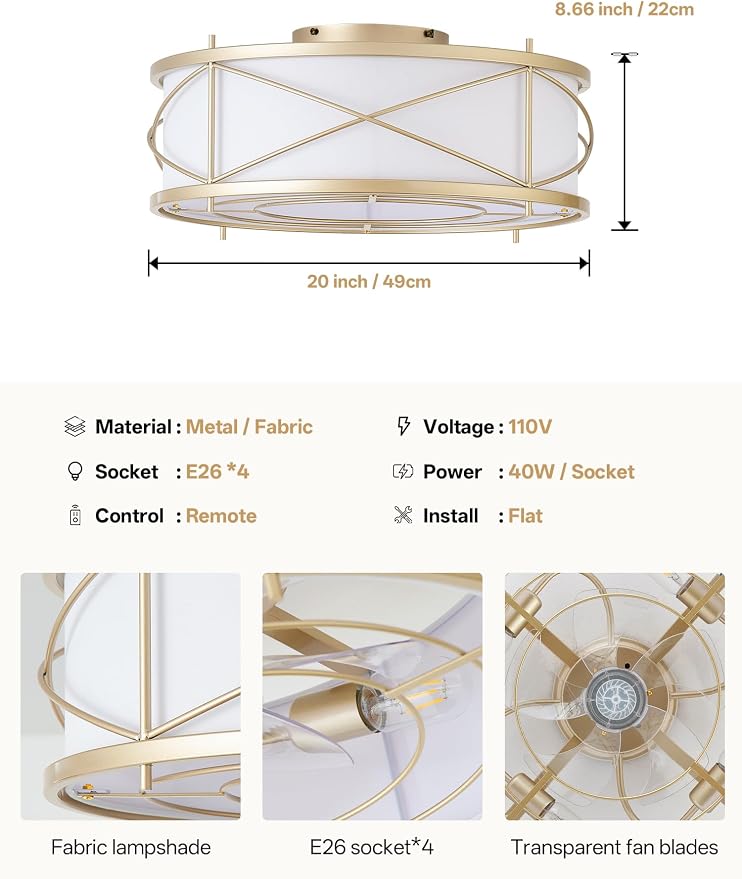 Gold Flush Mount Boho Ceiling Fan with Lights, 20" Caged Rattan Ceiling Fans with Light and Remote, Enclosed with 6 Speeds for Living Room, Bedroom, Nursery