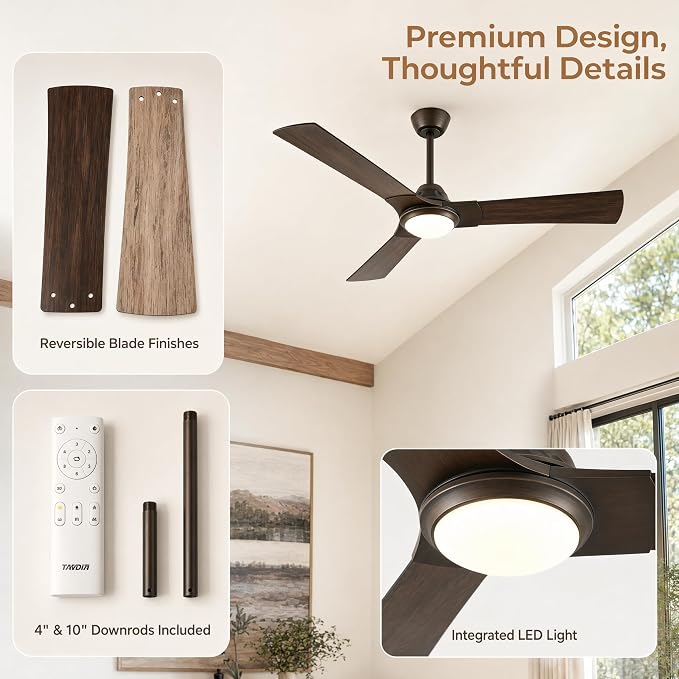 52 Inch Ceiling Fan with Light, DC Motor | Dimmable LED, 3-Color Temperatures, Reversible Blades, Quiet 30dB, Energy-Saving DC Motor, 6-Speed, 2/4H Timer, Indoor Use