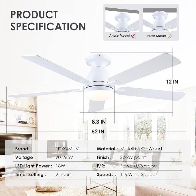 52 Inch Ceiling Fans with Lights and Remote, Flush Mount, White | Low Profile, Dimmable LED, Reversible, Quiet DC Motor, Wooden Blades, for Modern Apartment Bedroom Home Office Living Room