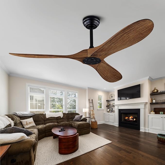 QUTWOB 52" Ceiling Fan with Remote Control No Lights,Modern Reversible DC Motor Indoor Outdoor 3 Blades Ceiling Fans for Patio Bedroom Living Room(Black+Dark Walnut)