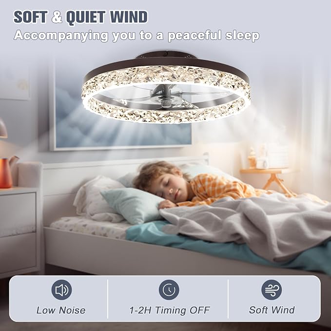VOLISUN Modern Ceiling Fans with Lights and Remote, No Assembly, 19.7in Low Profile Ceiling Fan Flush Mount, 3000K-6500K Dimmable Bladeless LED Fan Light, Brown Fandelier Ceiling Fans for Bedroom