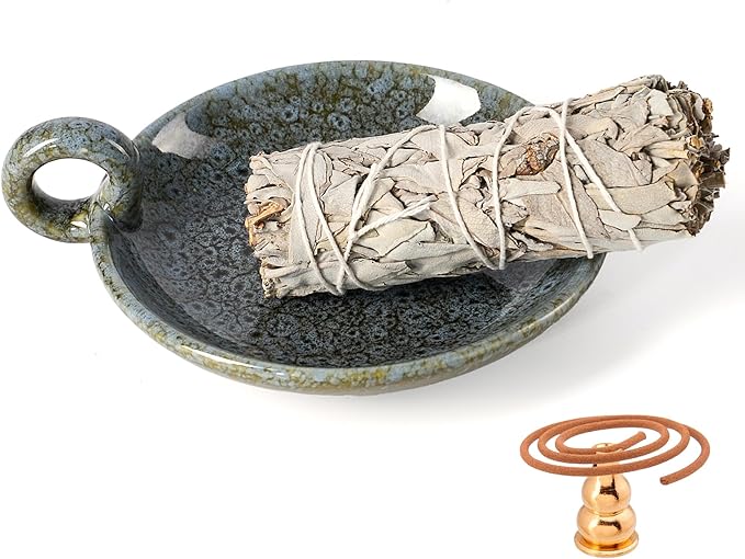 Ceramic Candle Holders with Handle, Palo Santo Holder for Burning, Vintage Farmhouse Smudge Incense Stick Bowl, Sage Burner Tray, Ash Catcher Plate for Meditation Room Home Decor (Blue Grey)
