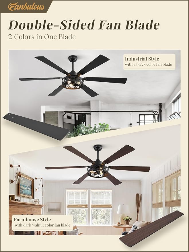 Fanbulous 65 Inch Ceiling Fan with Lights, Farmhouse Caged Ceiling Fans with Remote, Black Industrial Ceiling Fans with Quiet Reversible DC Motor, Large Ceiling Fan for Living room, Bedroom