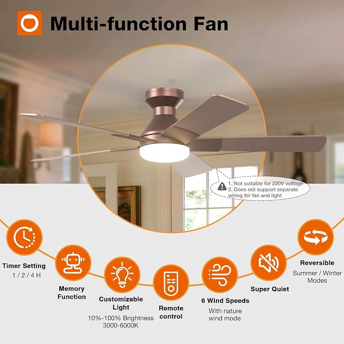addlon Ceiling Fans with Lights, 52 Inch Low Profile Ceiling Fan with Light and Remote Control, Flush Mount, Reversible, 3CCT, Dimmable, Quiet, Brown Ceiling Fan for Bedroom Indoor/Outdoor Use