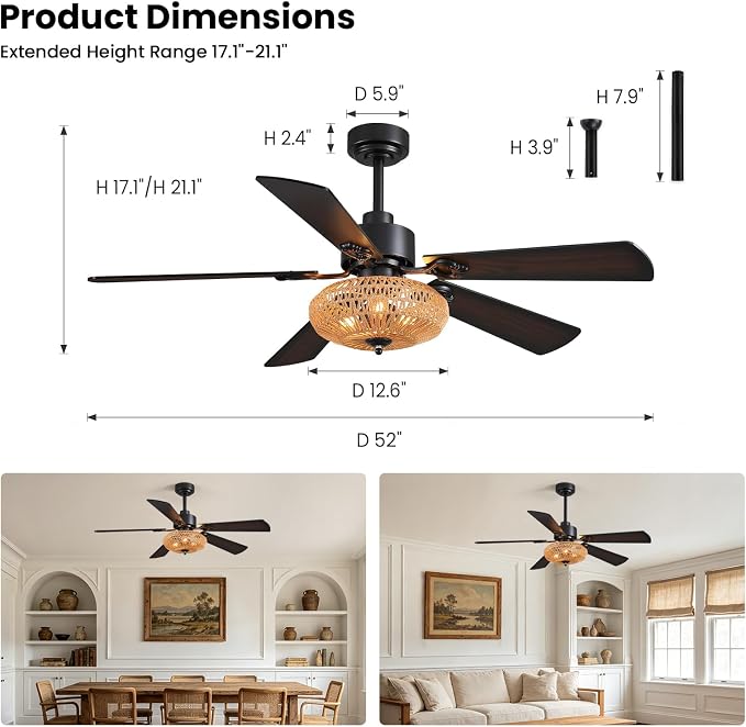 52inch Ceiling fan with Boho Rattan Caged Lampshade, Farmhouse Matte Black Ceiling Fan 5 Blades APP & Remote Control, 6-Speed Remote Dreo Fan Ceiling for Living Room Dining Room Bedroom