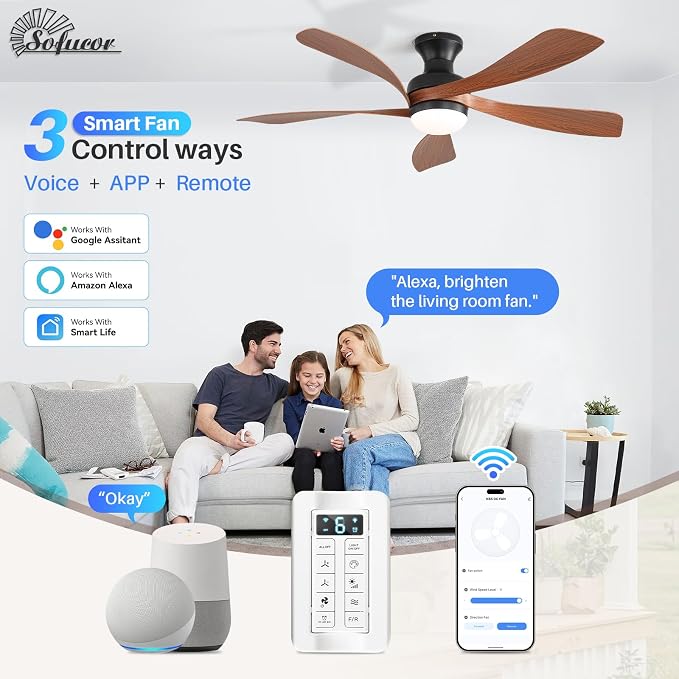 Sofucor Smart 52'' Low Profile Ceiling Fan with Lights and Remote, Flush Mount Ceiling Fan Work with APP/Alexa/Google for Farmhouse Bedroom Living Room Patio, Dimmable LED Quiet Reversible DC Motor