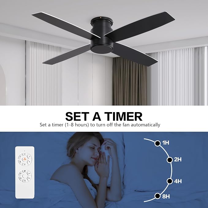 WINGBO 52" Flush Mount DC Ceiling Fan without Lights, 4 Reversible Blades, Ultra Quiet 6-Speed DC Motor, Hugger Low Profile Indoor Ceiling Fan No Lights, Matte Black Finish