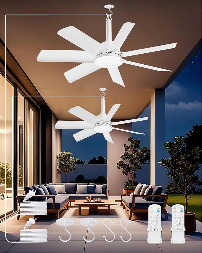 LANMEL Outdoor Gazebo Ceiling Fan with Light and Remote, 28 Inch, White | Plug-In, IP65 Waterproof, Hanging with Hook, 6 Speed, Reversible, 3CCT, Dimmable, Portable, for Patio,Canopy,Porch,RV, 2 Pack