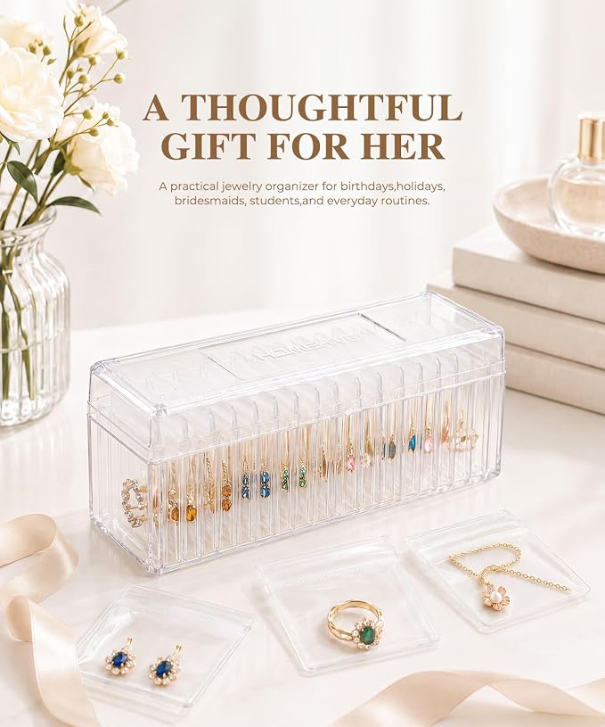 HOMEHIVE Acrylic Jewelry Box Organizer, Clear Jewelry Organizer and Storage with 20 Portable Anti Tarnish Jewelry bags, Travel Jewelry Case for Earrings/Rings/Necklaces Gifts for Women Girls, Clear