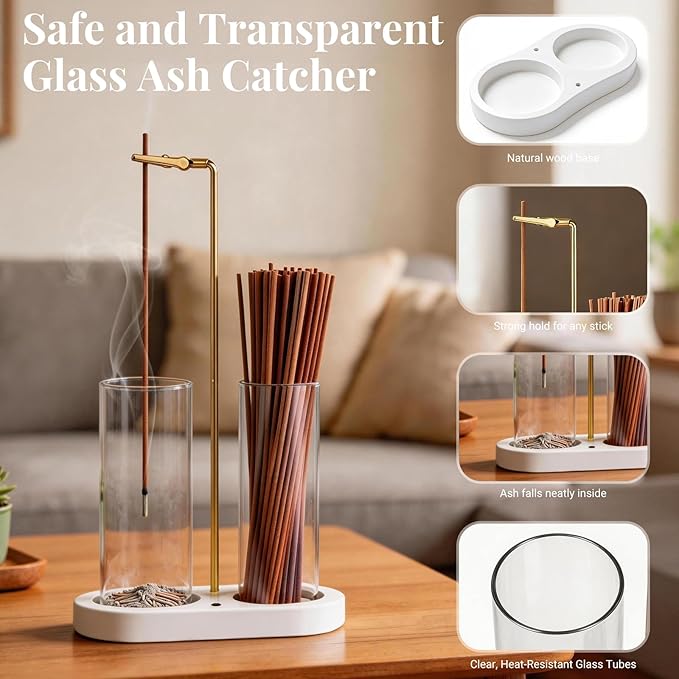 Glass Incense Holder, 2 in 1 Hanging Incense Burner Holder with Ash Catcher & Storage | Cute Boho Decor for Meditation, Yoga, Spa | Stick Incense Holder, Censer, Incense Tray Alternative (White)