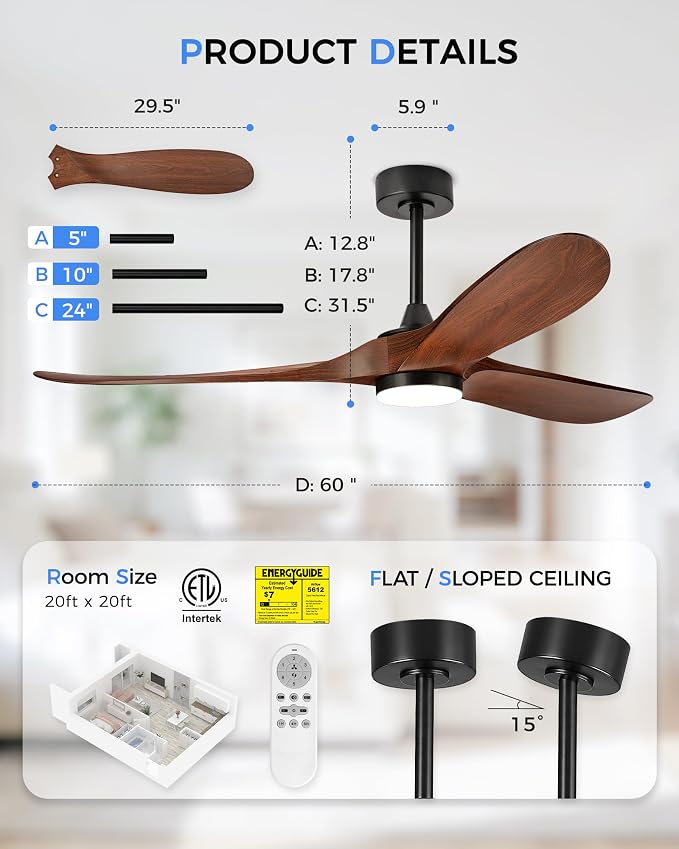 60" Ceiling Fan with Light, Damp Rated for Covered Outdoor Patio, Wood-Grain ABS Blades, Quiet DC Motor, 3CCT Dimmable LED, Remote Control, Modern Large Ceiling Fan, ZCCF08WD-60