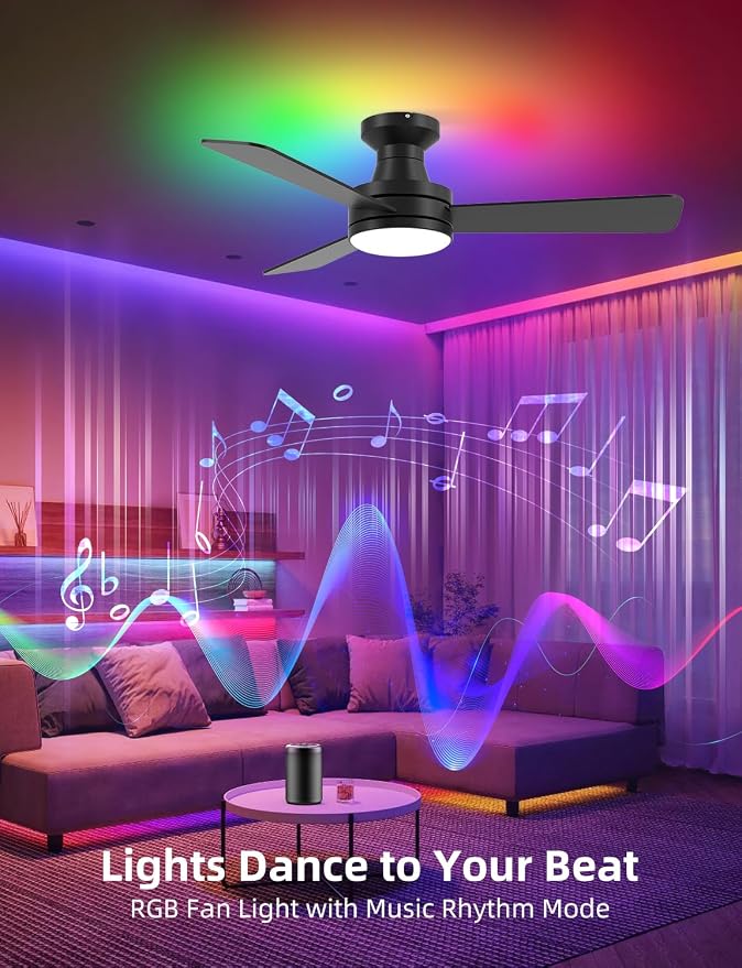 42 inch RGB Ceiling Fan with Light, Smart App & Remote Control Low Profile Flush Mount, Music Sync Lighting, 6-Speed Quiet Reversible DC Motor, 4CCT Dimmable for Home Office Party,Black