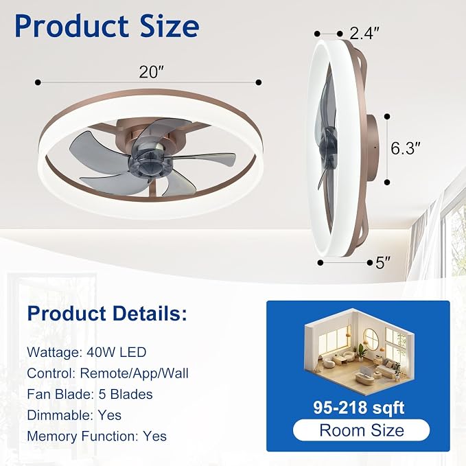DLLT Low Profile Ceiling Fan: 20" Modern Flush Mount Ceiling Fans with Lights for Bedroom - Brown Dimmable LED Bladeless Fandelier with APP Remote Control Quiet DC Motor for Kids Room Living Room