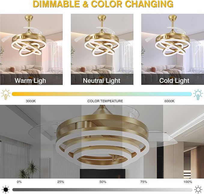 TXCSLY Retractable Ceiling Fan, 42 Inch Chandelier Ceiling Fans with Light, Modern Fandelier Ceiling Fan for Bedroom Living Room Dinning Room, Reverse Motor, 3 Color, 6 Wind Speed, Gold