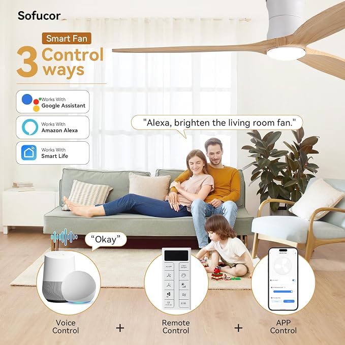 Sofucor 52" Smart Ceiling Fan, Solid Wood Ceiling Fan with Lights and Remote, Flush Mount Ceiling Fan Works with Alexa/Google/App, Dimmable 6-Speed Timing Reversible DC Motor for Bedroom Living Room