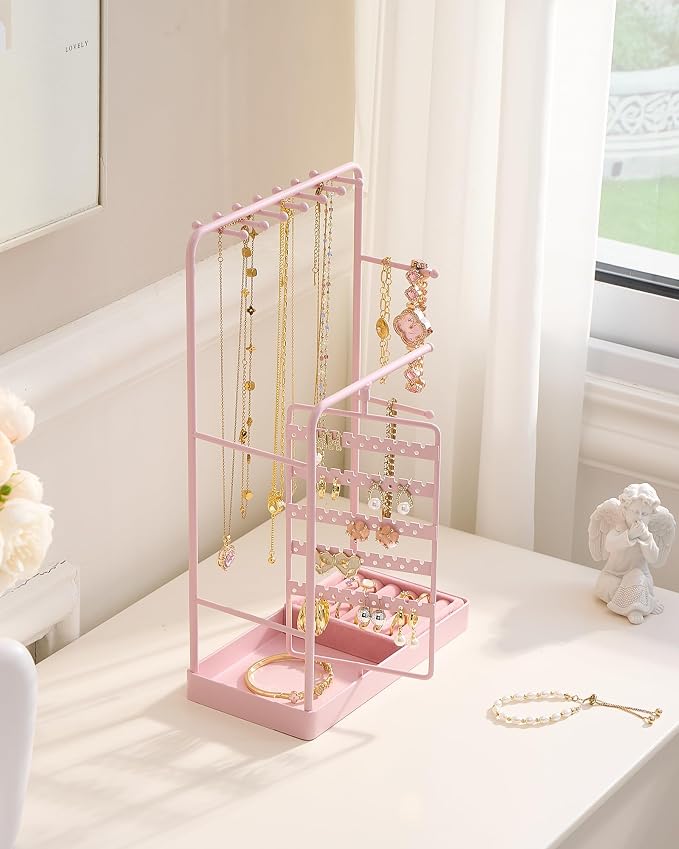 ProCase Jewelry Stand Holder Organizer and Storage, Pink (No-Assembly) | Rotating Earring Bracelet Holder Storage, Hanging Jewelry Display Velvet Ring Tray, Teen Girls Birthday Gifts Room Dorm Decor
