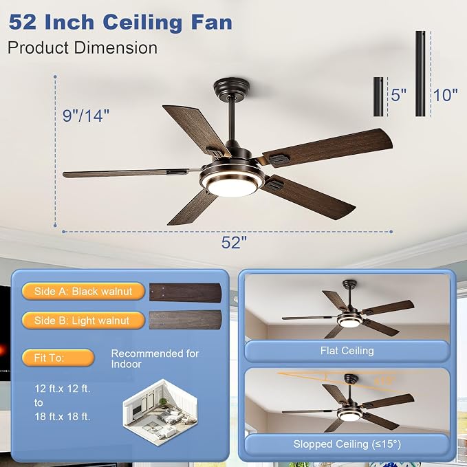 Depuley 52-Inch Ceiling Fan with Light: Walnut Ceiling Fans with 5 Blades Dual Finish Reversible - Farmhouse Ceiling Fan with Remote Control Noiseless for Living Room Outdoor Patios