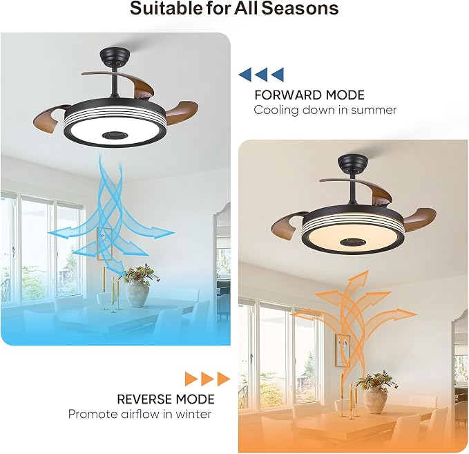 FIDGRA 48'' Retractable Ceiling Fan with Light, Bluetooth Modern Ceiling Fans with Speaker, RGB LED Lights, 6 Speeds, Reversible Motor for Bedroom, Living Room, Party-Black