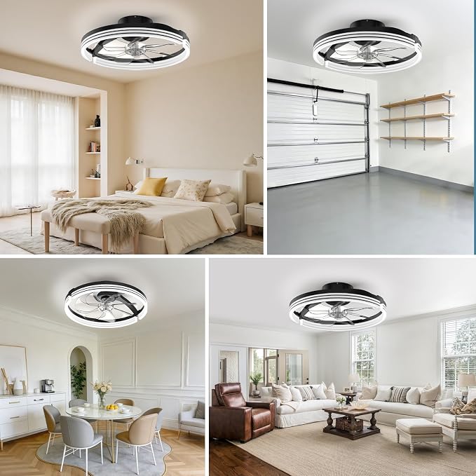 AIKVSXER Ceiling Fans with Lights and Remote, 20'' Low Profile Ceiling Fan with APP Control, 3000K-6500K Dimmable, Quiet Reversible DC, Modern Flush Mount Fandelier for Bedroom (Black-Stripe)
