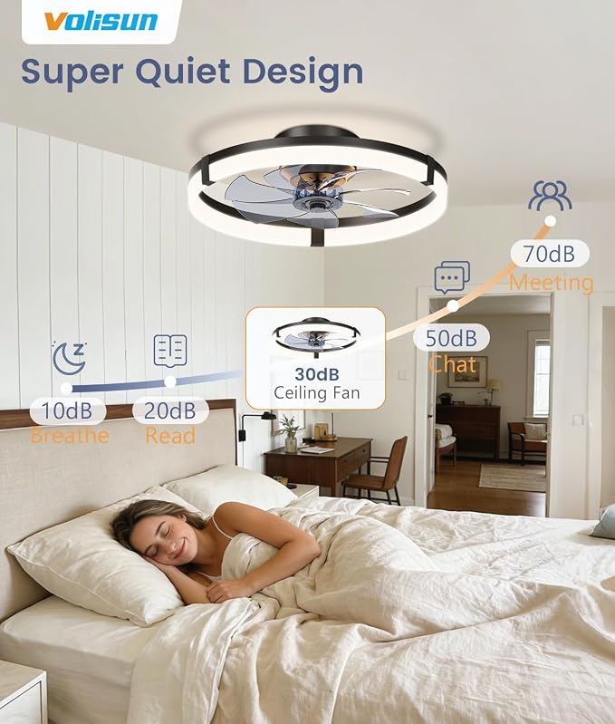 VOLISUN Low Profile Ceiling Fans with Lights and Remote, 20in Flush Mount Ceiling Fans with Light, 3000K-6500K Dimmable Fandelier Ceiling Fan, Black Bladeless Ceiling Fan for Bedroom