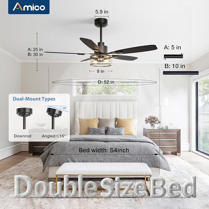 Amico 52 inch Ceiling Fans with Lights, Caged Ceiling Fan with Light and Remote Control, Dimmable, 3CCT, Quiet, Black Farmhouse Ceiling fan For Living Room, Patio, Bedroom, Kitchen, Indoor/Outdoor Use