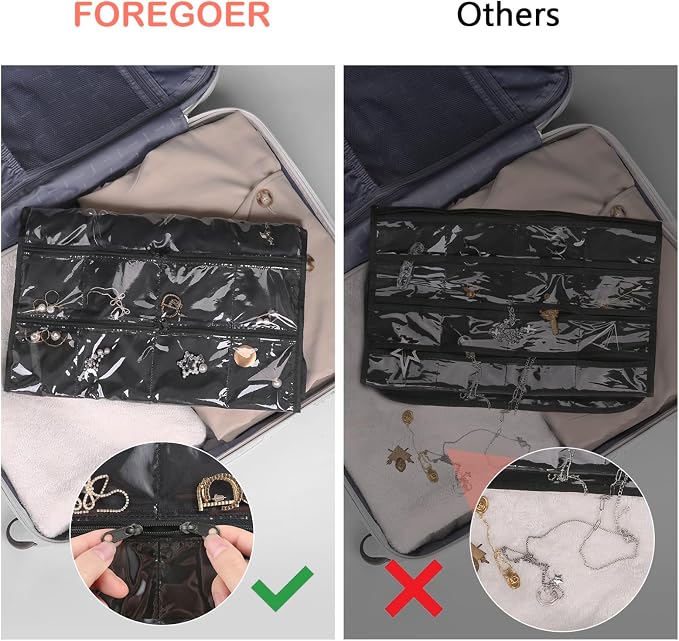 FOREGOER Hanging Jewelry Organizer 43 Large Zipper Pockets Necklace Holder | Double Sided, Large Capacity, Foldable for Travel, Jewelry Holder Roll for Earrings, Necklaces, Rings on Closet, Wall, Door
