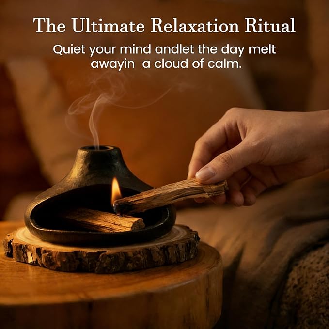 Palo Santo Holder Ceramic Incense Burner - Ash Catcher for Palo-Santo Sticks, Sage Bundles, Incense Cones, Fireplace Style Smudge Bowl for Meditation Yoga Home Decor - Black