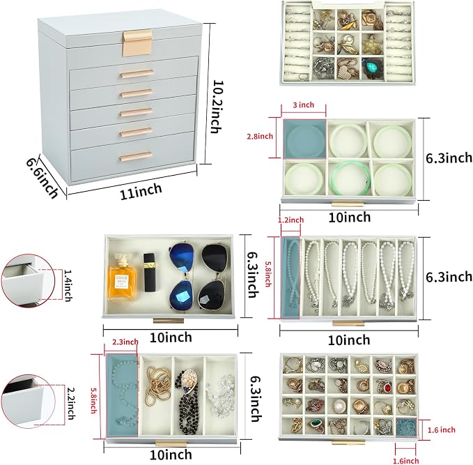 BOOVO Jewelry Boxes for Women, White and Black 6 Layer Large Jewelry Box for Necklace, Bracelet, Earrings, Rings Storage, Jewelry holder Organizer for Girls Gift (Grey and Gold, 6 layer)