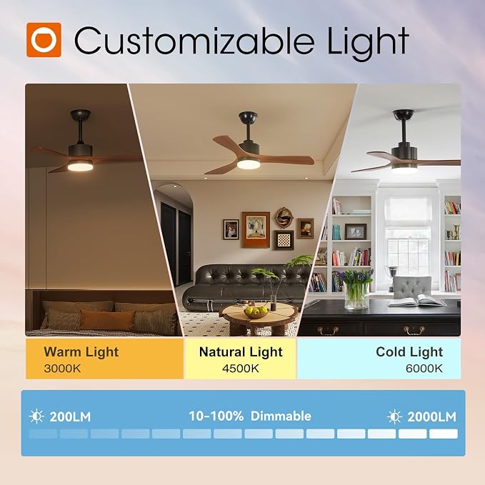 addlon 42 inch Ceiling Fans with Lights and Remote Control, Reversible, 3 Wood Blades, 6 Speeds, 3CCT Dimmable, Noiseless, Indoor/Outdoor Black Walnut Ceiling Fan for Bedroom Living Room Gazebo Patio